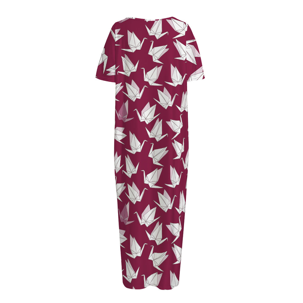 Japanese Origami Crane Pattern Print Short Sleeve Long Nightdress