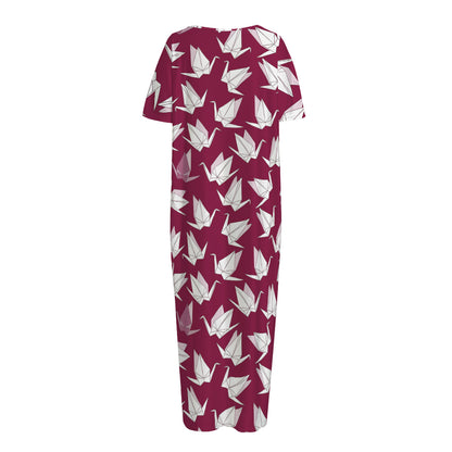 Japanese Origami Crane Pattern Print Short Sleeve Long Nightdress