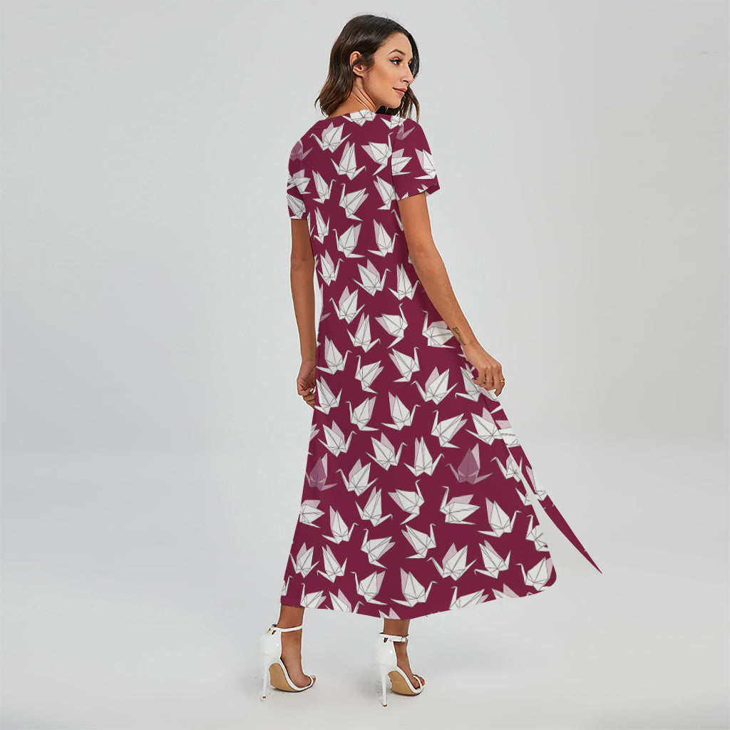 Japanese Origami Crane Pattern Print Short Sleeve Maxi Dress