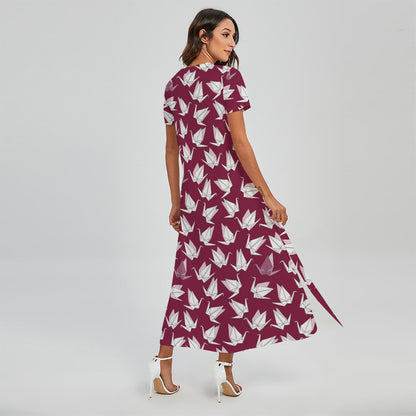 Japanese Origami Crane Pattern Print Short Sleeve Maxi Dress