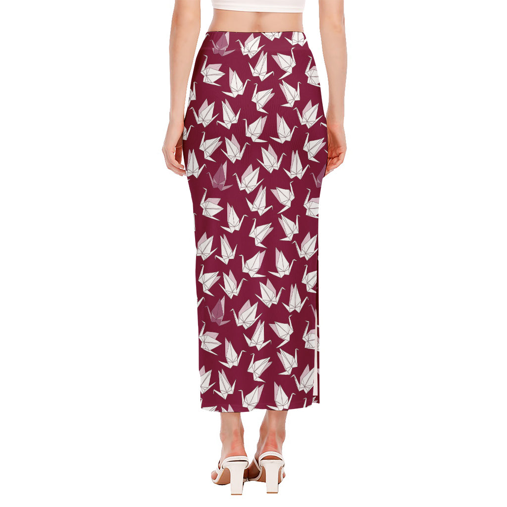 Japanese Origami Crane Pattern Print Side Slit Maxi Skirt