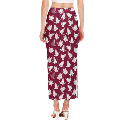 Japanese Origami Crane Pattern Print Side Slit Maxi Skirt