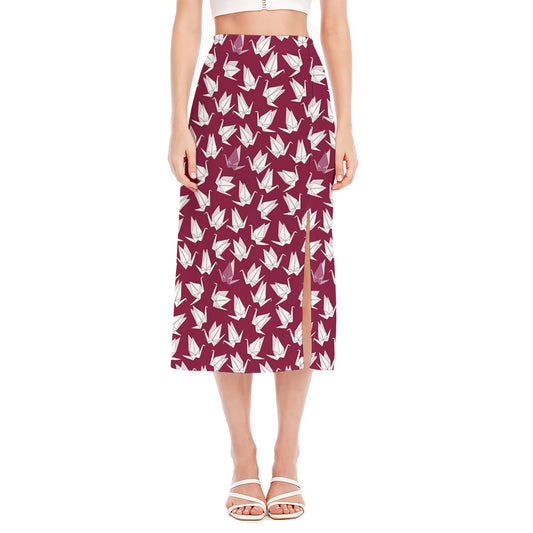 Japanese Origami Crane Pattern Print Side Slit Midi Skirt