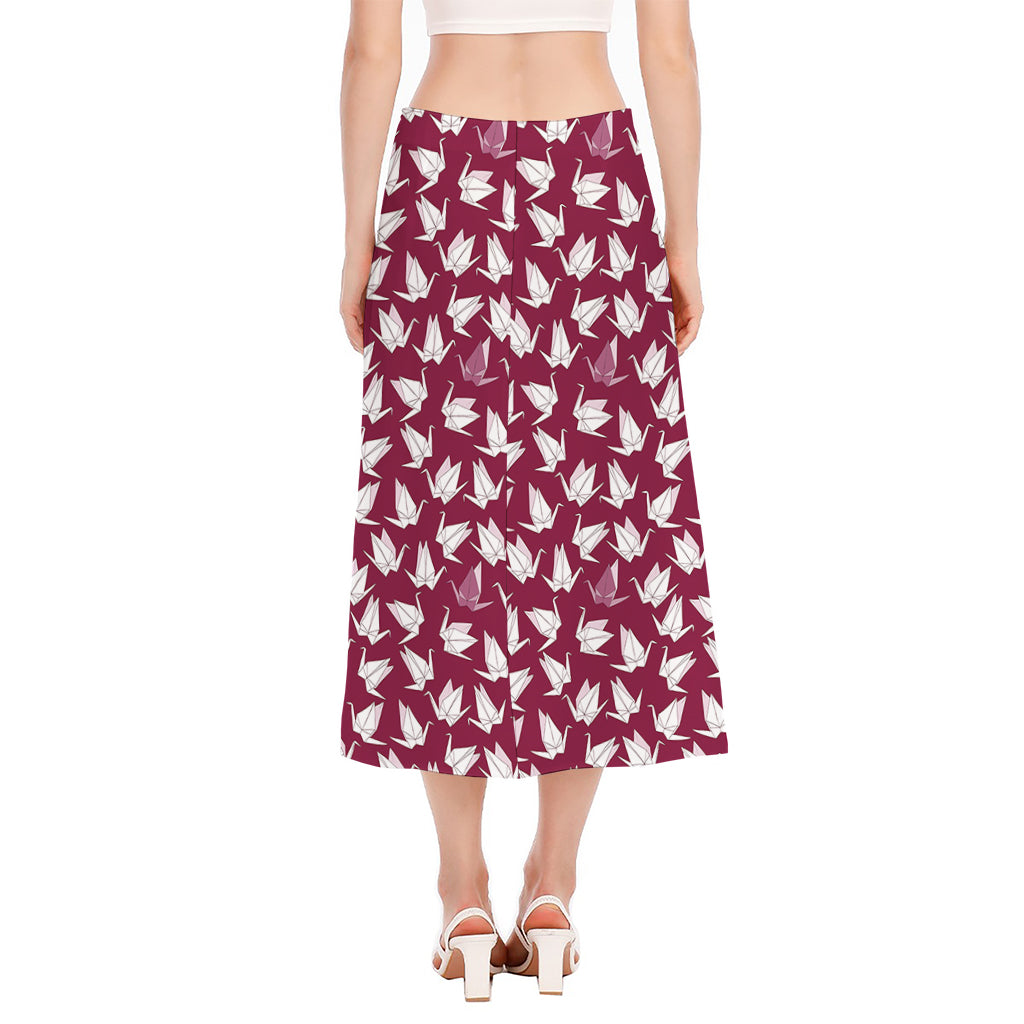 Japanese Origami Crane Pattern Print Side Slit Midi Skirt