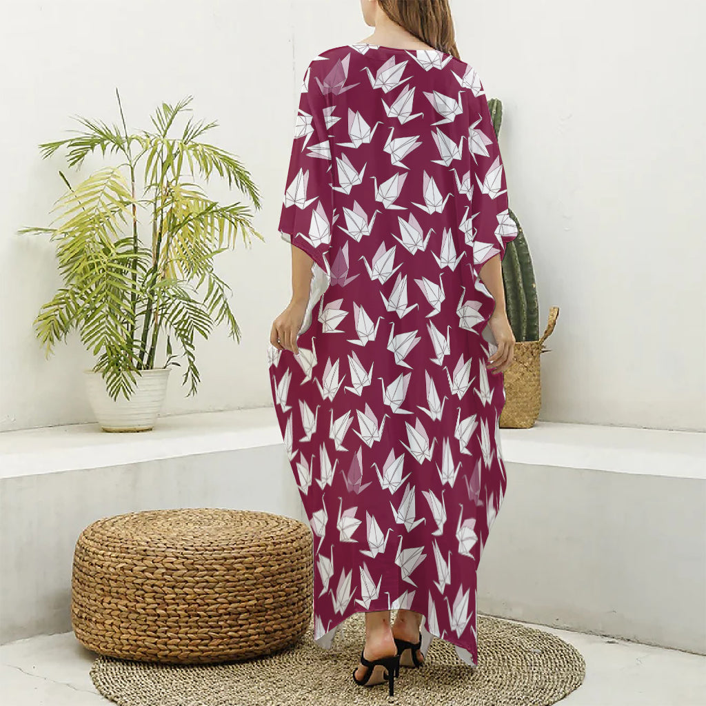 Japanese Origami Crane Pattern Print Silk V-Neck Kaftan Dress