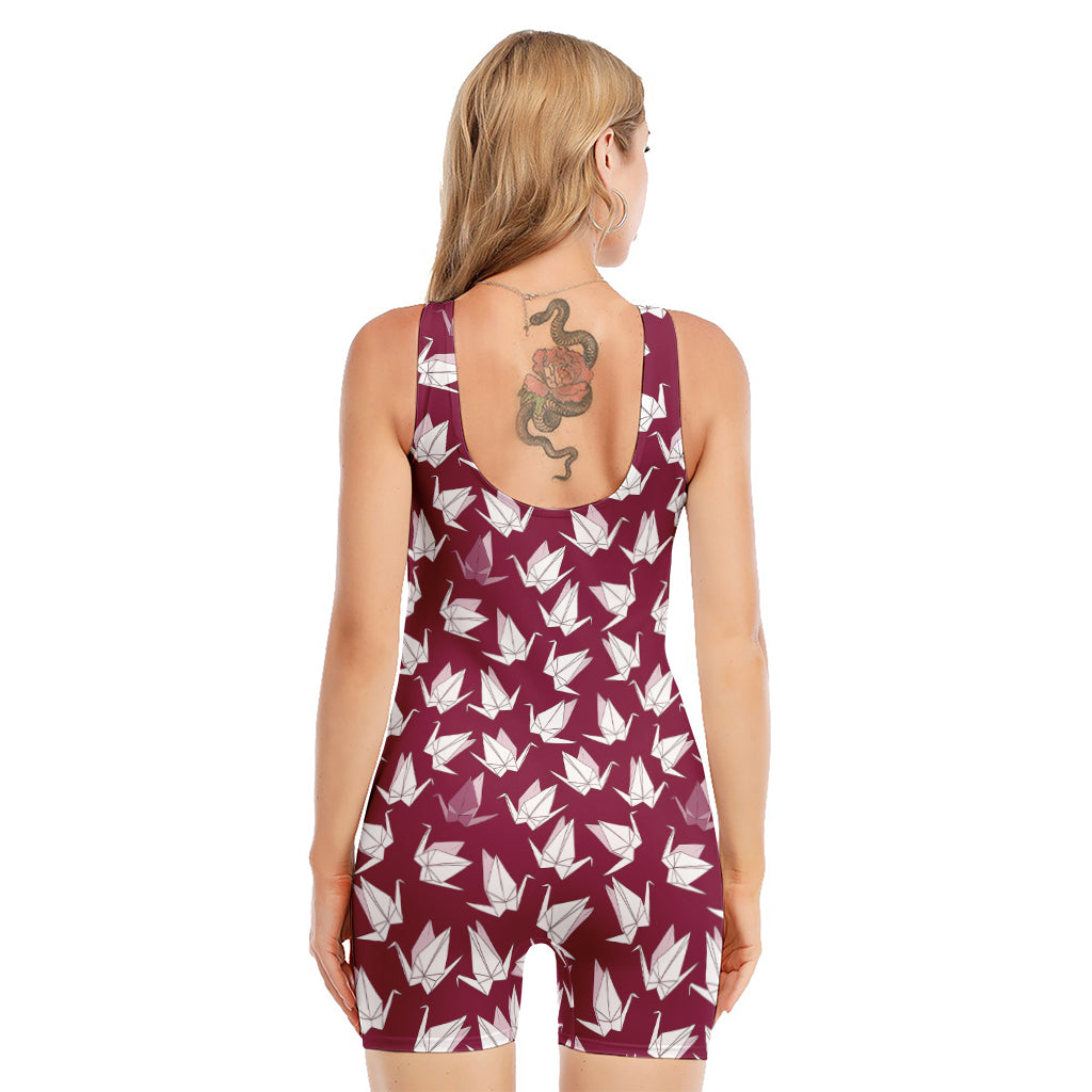 Japanese Origami Crane Pattern Print Sleeveless One Piece Swimsuit
