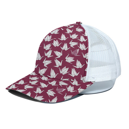Japanese Origami Crane Pattern Print White Mesh Trucker Cap
