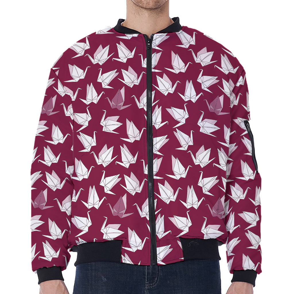 Japanese Origami Crane Pattern Print Zip Sleeve Bomber Jacket