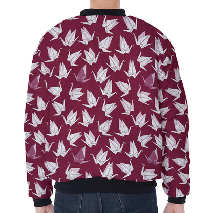 Japanese Origami Crane Pattern Print Zip Sleeve Bomber Jacket