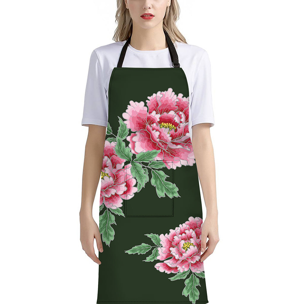 Japanese Peony Print Bib Apron With Pocket