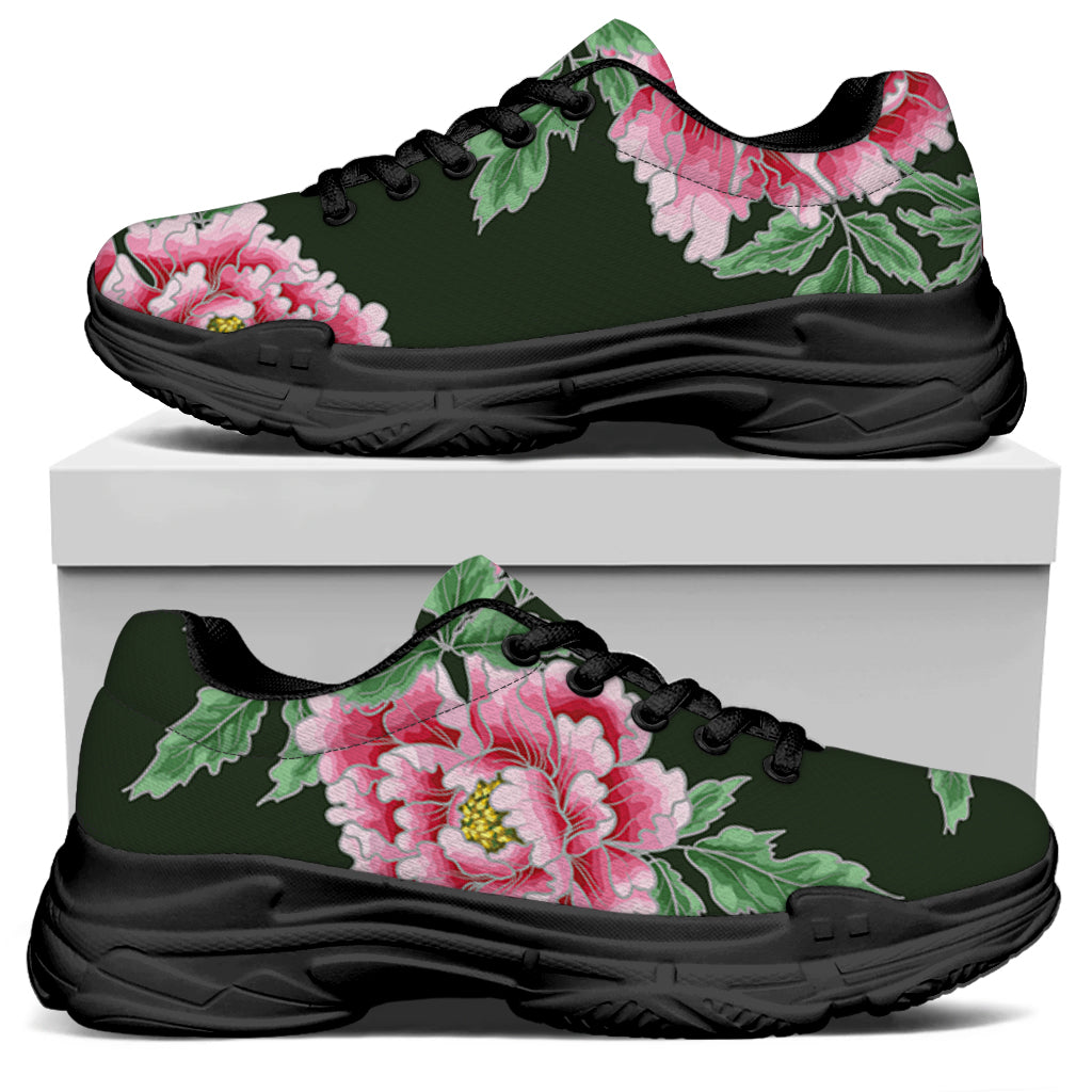 Japanese Peony Print Black Chunky Shoes