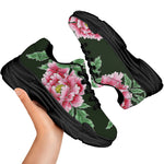 Japanese Peony Print Black Chunky Shoes