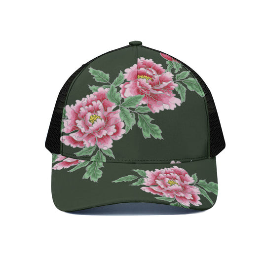 Japanese Peony Print Black Mesh Trucker Cap