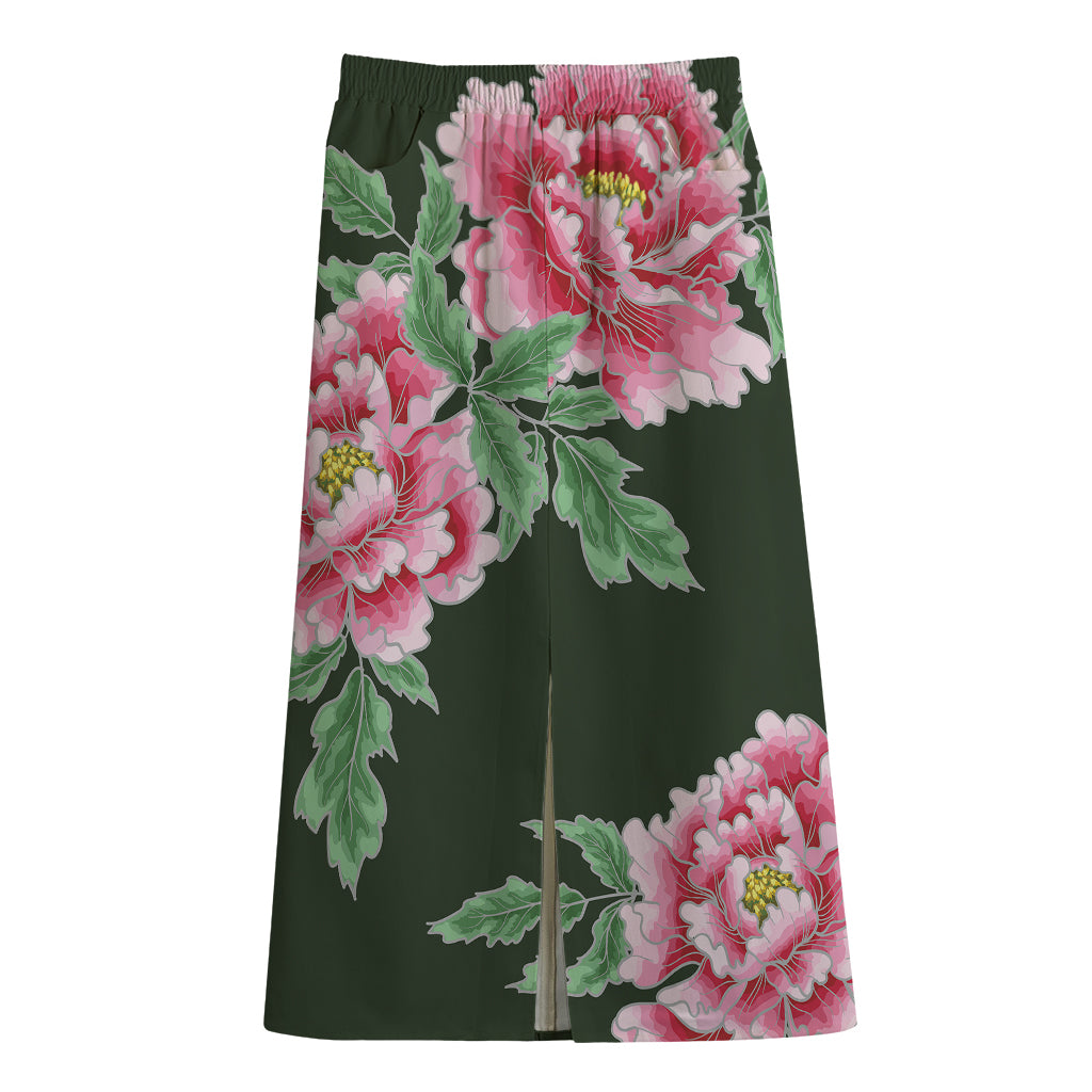 Japanese Peony Print Cotton Front Slit Maxi Skirt