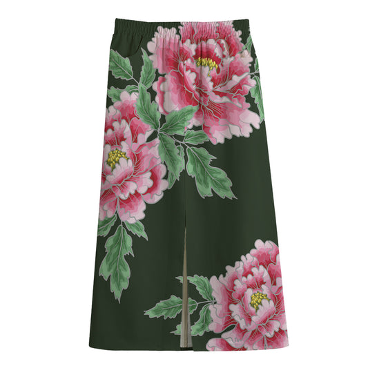 Japanese Peony Print Cotton Front Slit Maxi Skirt