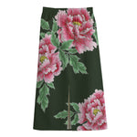 Japanese Peony Print Cotton Front Slit Maxi Skirt