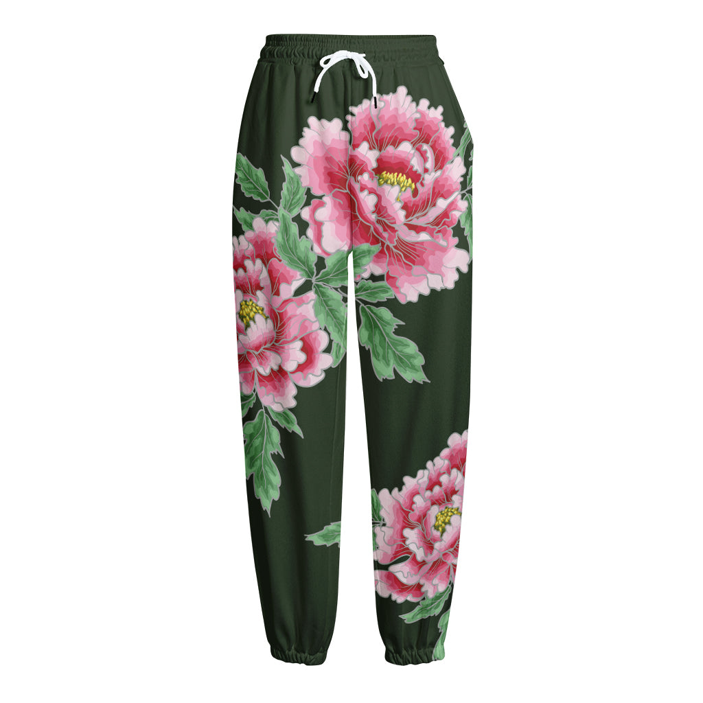 Japanese Peony Print Fleece Lined Knit Pants