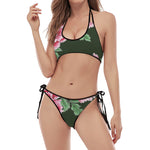 Japanese Peony Print Halter Scoop Tie Side Bikini