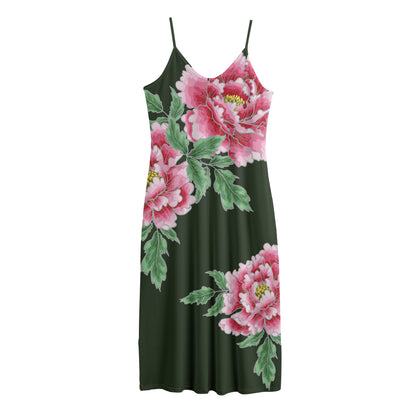 Japanese Peony Print Jersey Midi Cami Dress