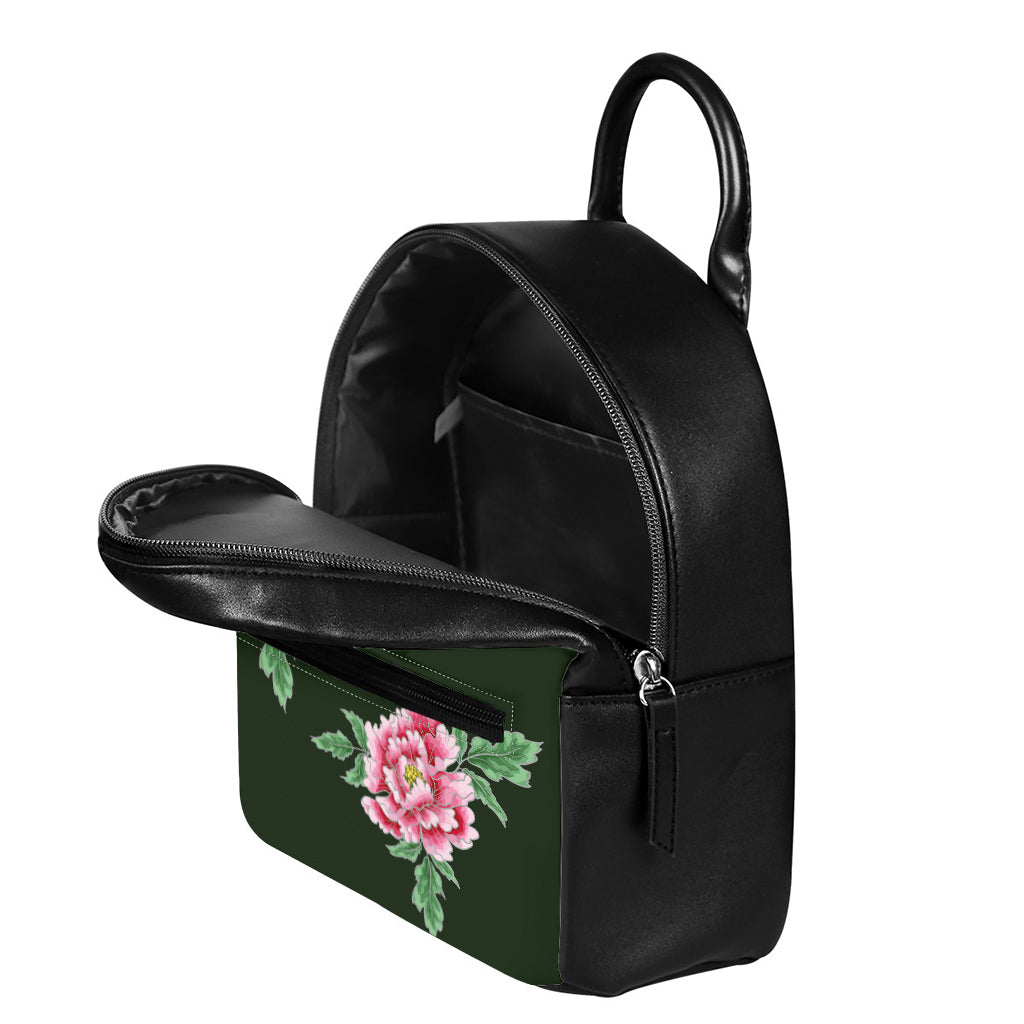 Japanese Peony Print Leather Backpack