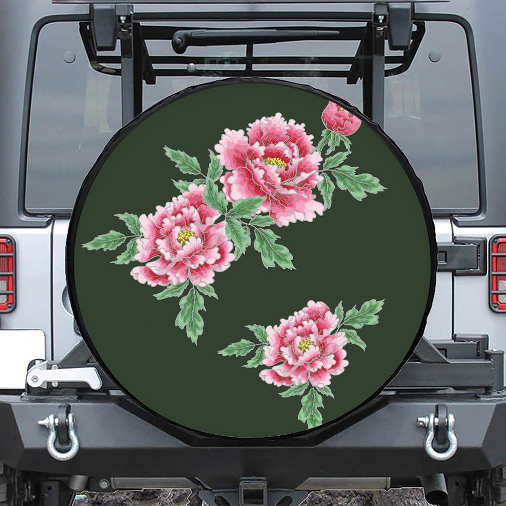 Japanese Peony Print Leather Spare Tire Cover