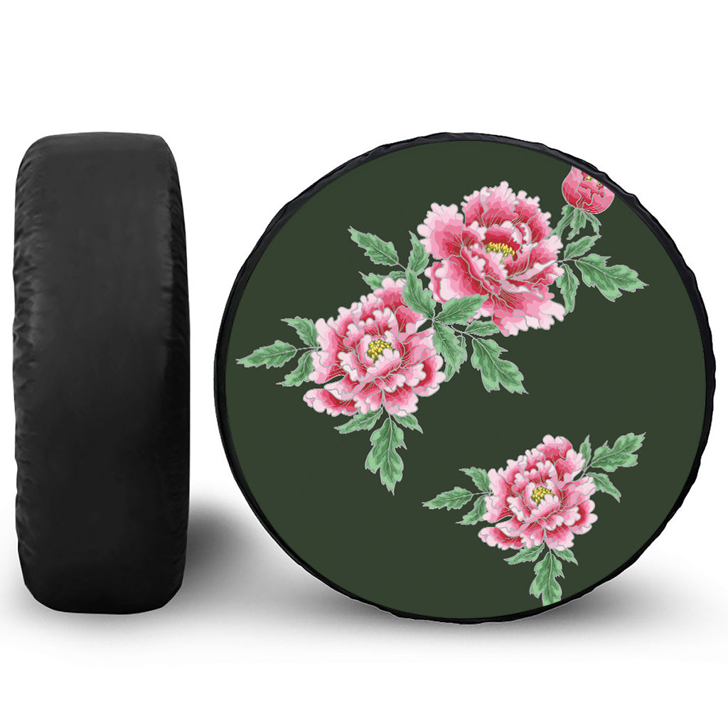 Japanese Peony Print Leather Spare Tire Cover