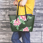 Japanese Peony Print Leather Tote Bag