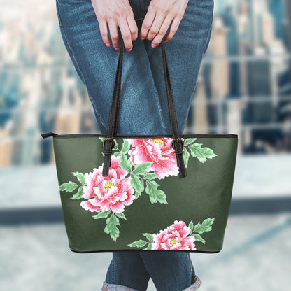 Japanese Peony Print Leather Tote Bag