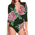 Japanese Peony Print Long Sleeve Swimsuit