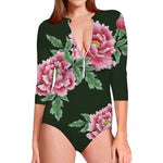 Japanese Peony Print Long Sleeve Swimsuit