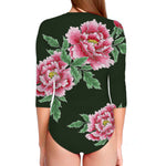Japanese Peony Print Long Sleeve Swimsuit