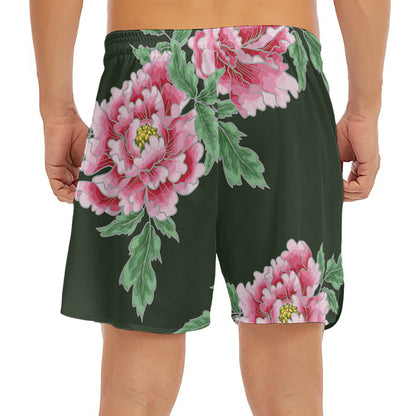 Japanese Peony Print Men's Split Running Shorts