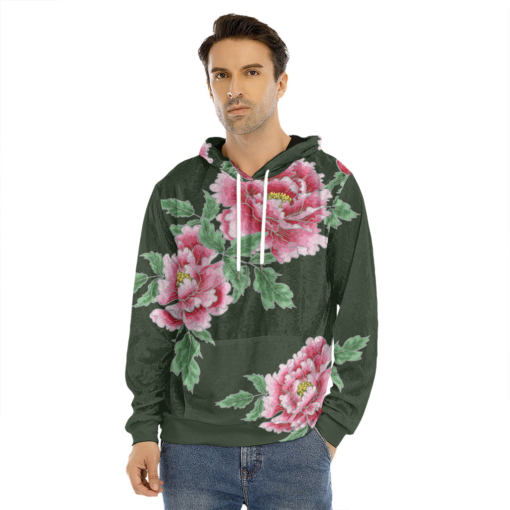 Japanese Peony Print Men's Velvet Pullover Hoodie