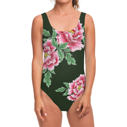 Japanese Peony Print One Piece Swimsuit