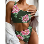 Japanese Peony Print One Shoulder Bikini Top