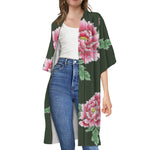 Japanese Peony Print Open Front Beach Cover Up