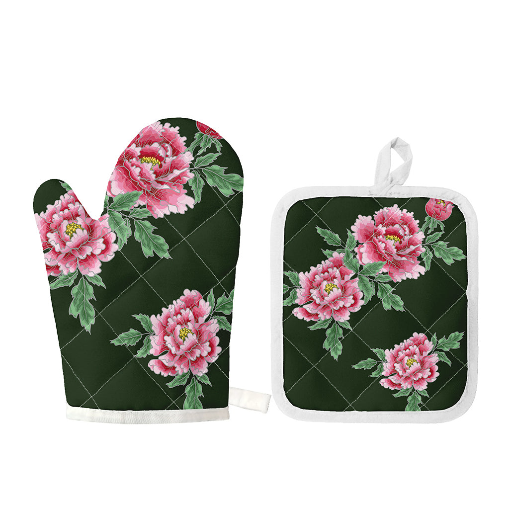 Japanese Peony Print Oven Mitt And Pot Holder Set