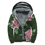 Japanese Peony Print Sherpa Lined Zip Up Hoodie