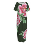Japanese Peony Print Short Sleeve Long Nightdress