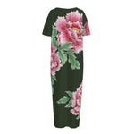 Japanese Peony Print Short Sleeve Long Nightdress