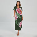 Japanese Peony Print Short Sleeve Maxi Dress