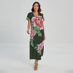 Japanese Peony Print Short Sleeve Maxi Dress