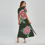 Japanese Peony Print Short Sleeve Maxi Dress