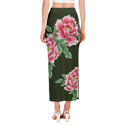 Japanese Peony Print Side Slit Maxi Skirt