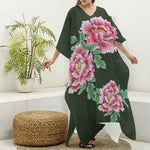 Japanese Peony Print Silk V-Neck Kaftan Dress
