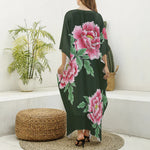 Japanese Peony Print Silk V-Neck Kaftan Dress
