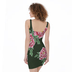 Japanese Peony Print Sleeveless Bodycon Dress