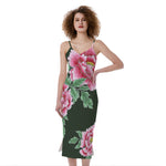 Japanese Peony Print Slim Fit Midi Cami Dress