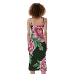 Japanese Peony Print Slim Fit Midi Cami Dress