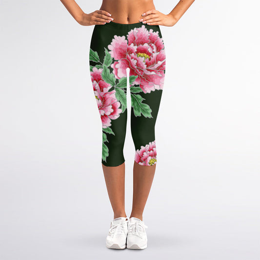 Japanese Peony Print Women's Capri Leggings